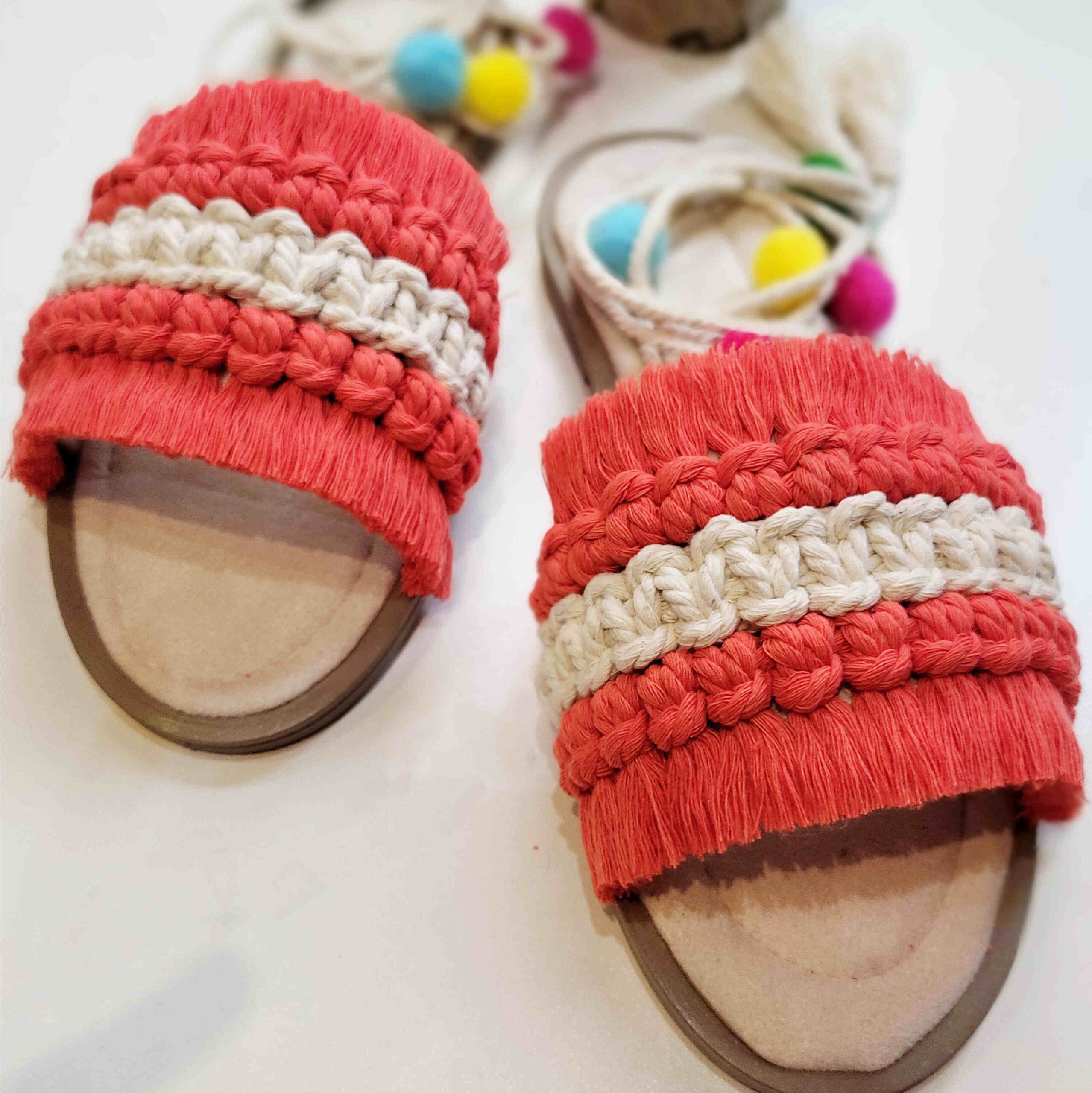 Women’s Macrame Sling Back Sandals Handmade Model Pom Pom