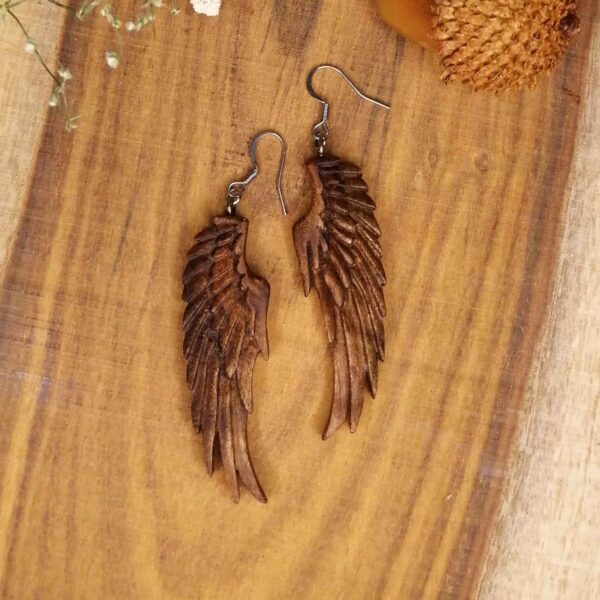 Women's Wooden Earrings Handcrafted with Angel's Wing Design