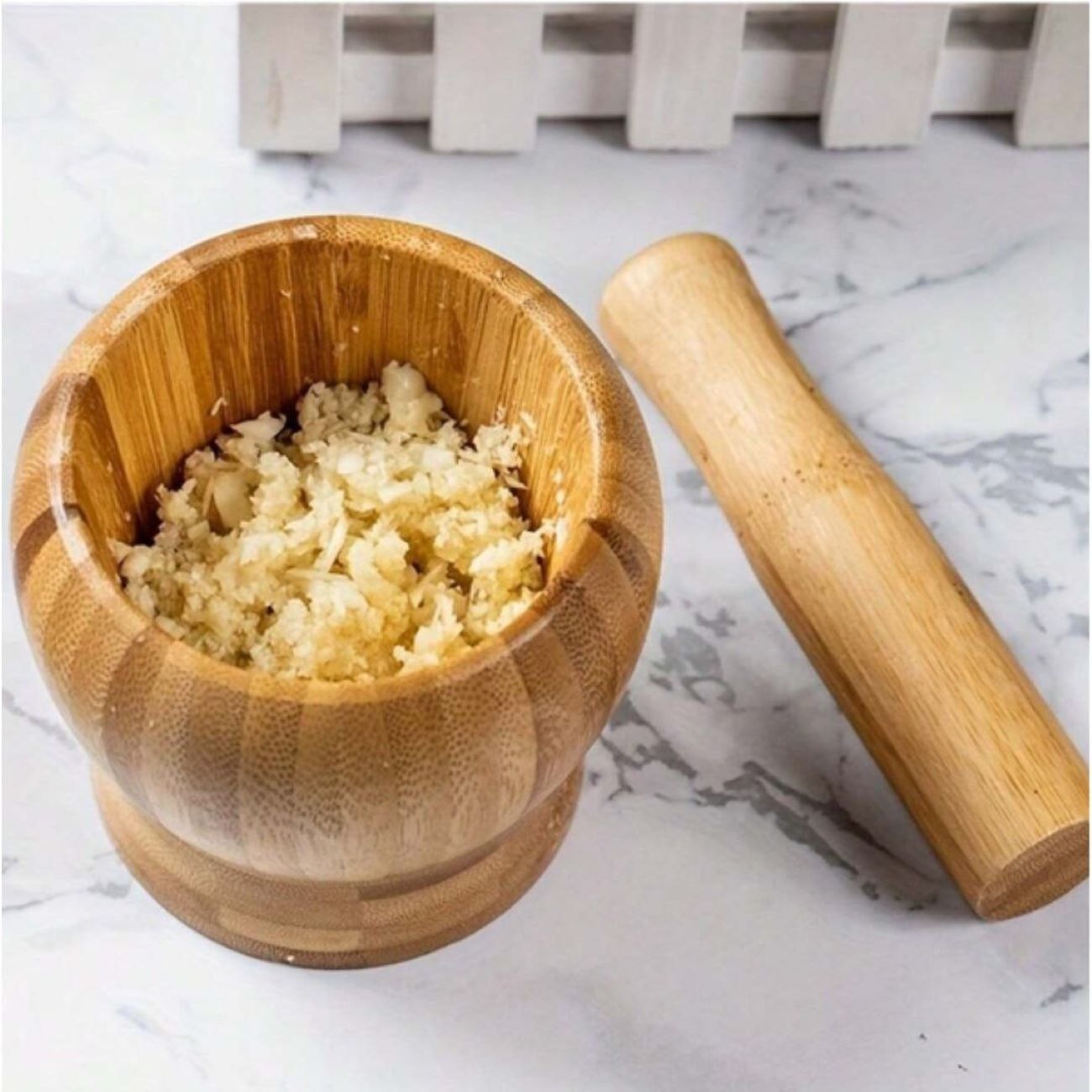 Wooden Mortar & Pestle Set in Natural Bamboo Wood