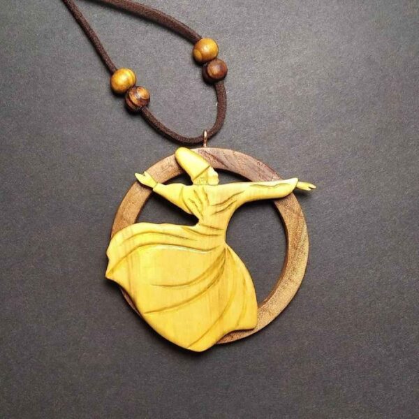 Wooden Necklace with Whirling Dervish Design and Leather Cord
