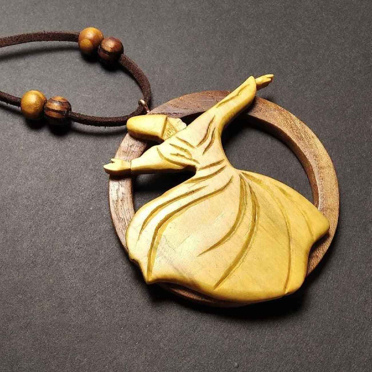Wooden Necklace with Whirling Dervish Design and Leather Cord