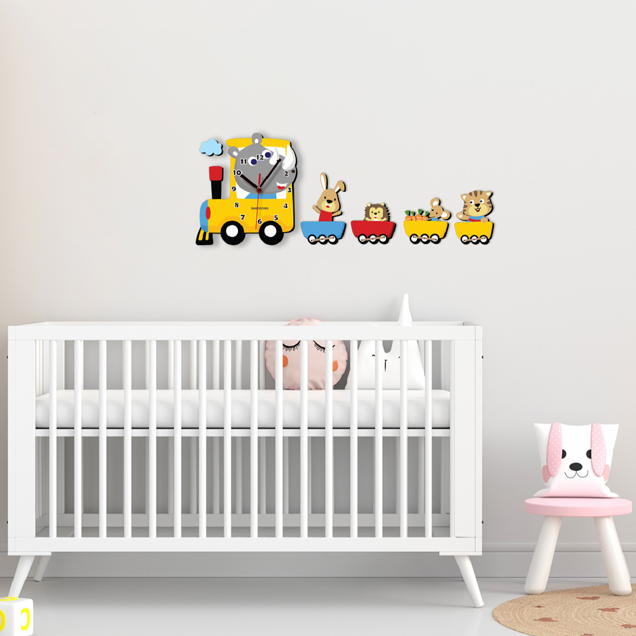 Wooden Nursery Wall Clock for Children’s Room with Animal Train Design
