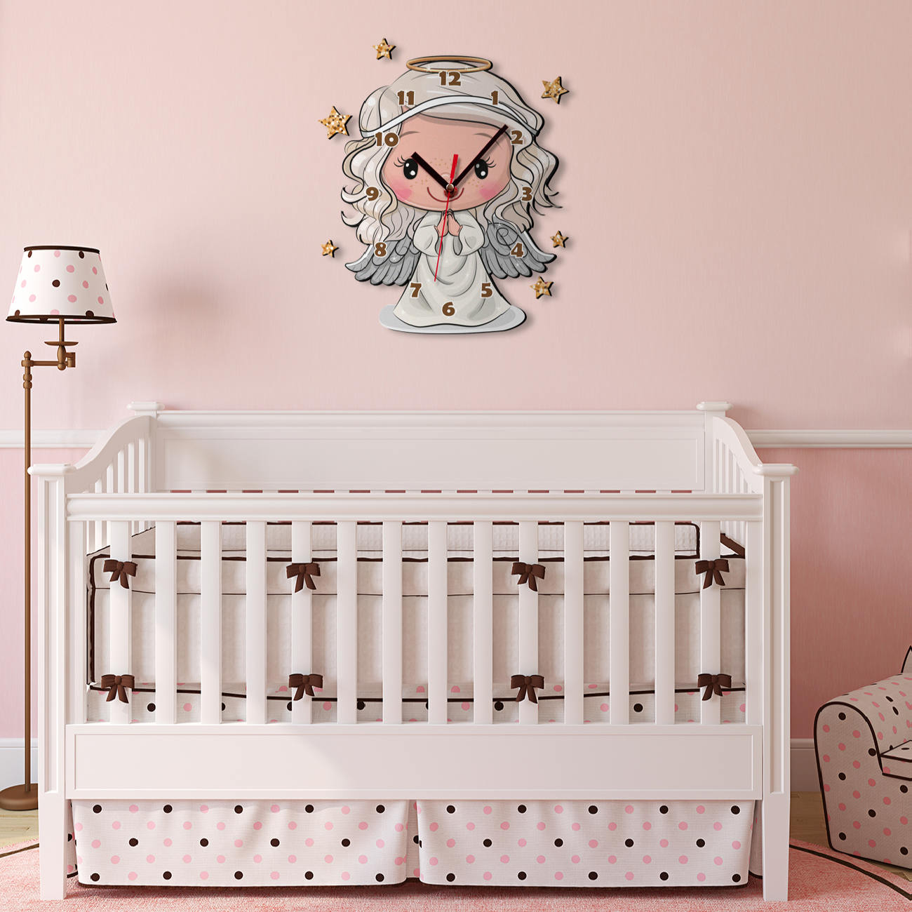 Wooden Nursery Wall Clock for Children’s Room with Little Angel Design