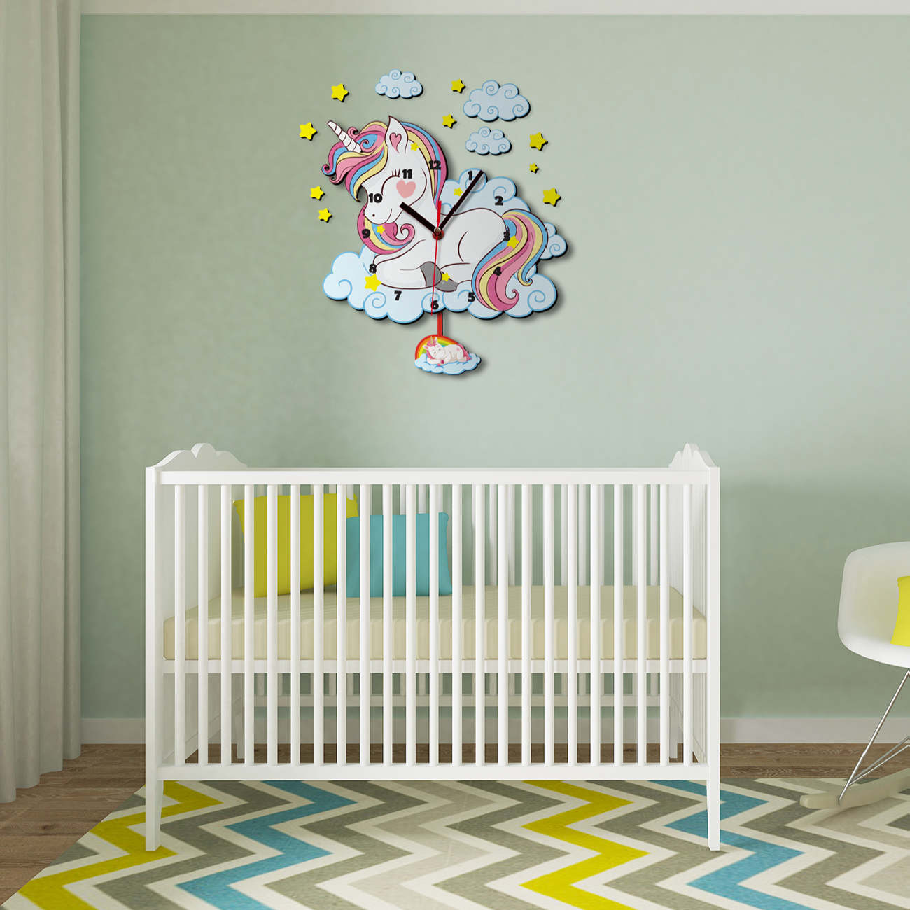 Wooden Nursery Wall Clock for Children’s Room with Unicorn Design