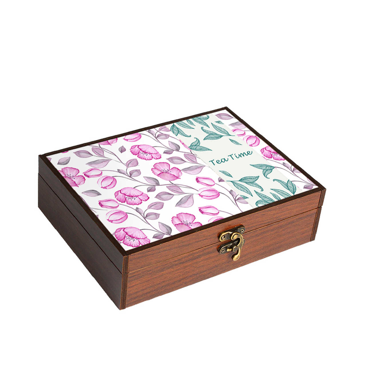 Wooden Tea box Organizer Compartments with Flower Design