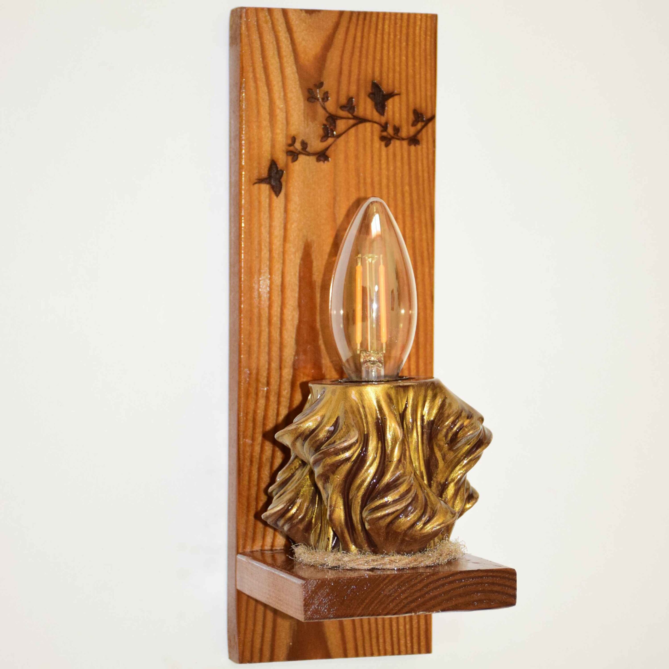 Wooden Wall Sconce Light with Floral Carving Design