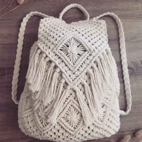 Boho Macramé Backpack Handmade for Women Model Tassel