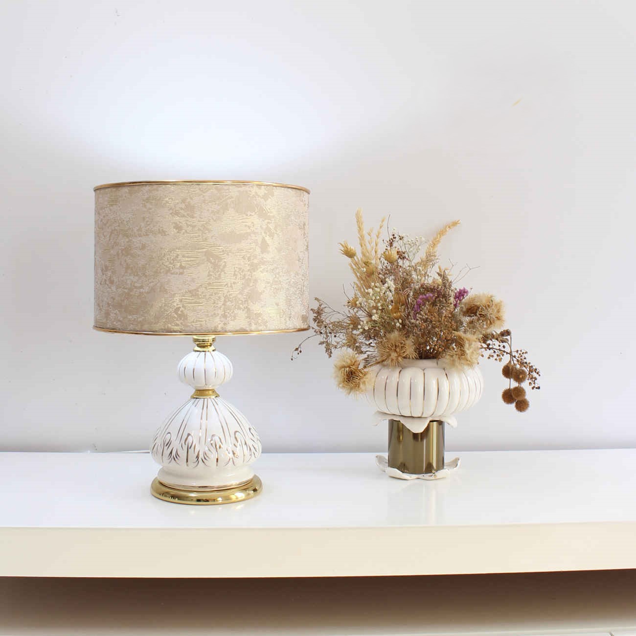 Ceramic Vase Table Lamp with Drum Shade in Cream