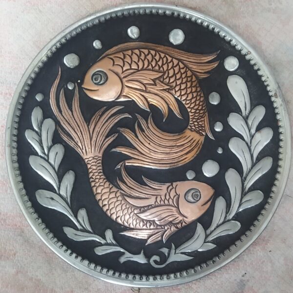 Decorative Copper Tray Hand-Engraved Adorned with Two Fish