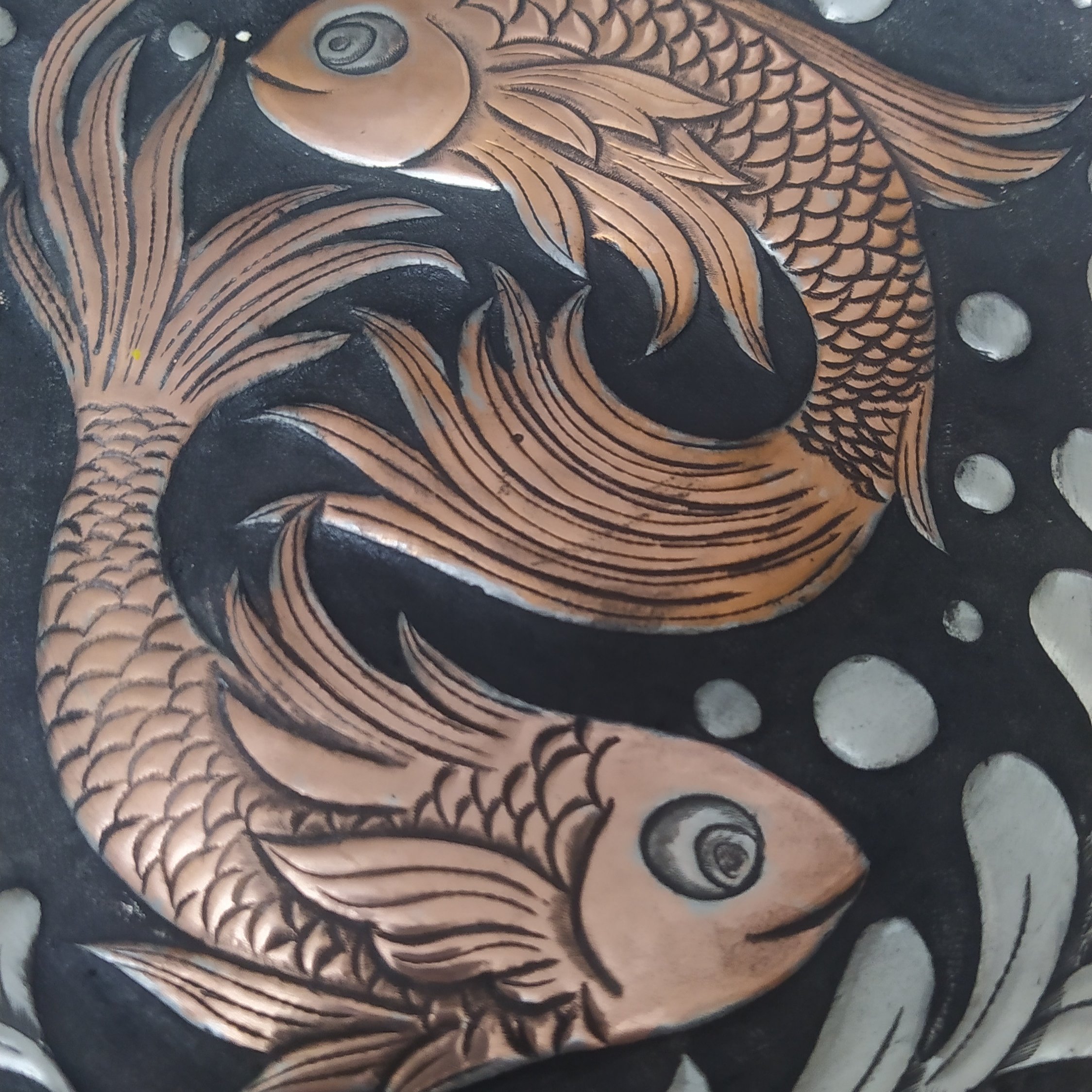 Decorative Copper Tray Hand-Engraved Adorned with Two Fish