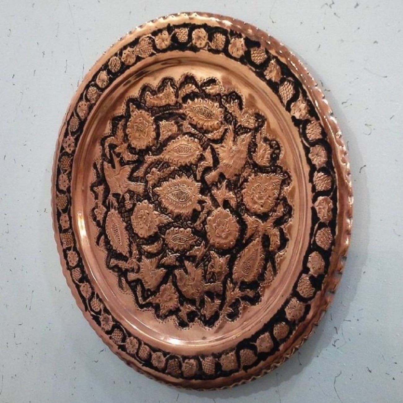 Decorative Copper Tray Hand-Engraved in Birds & Flowers Design