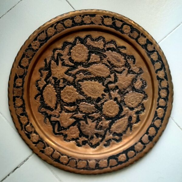Decorative Copper Tray Hand-Engraved in Birds & Flowers Design