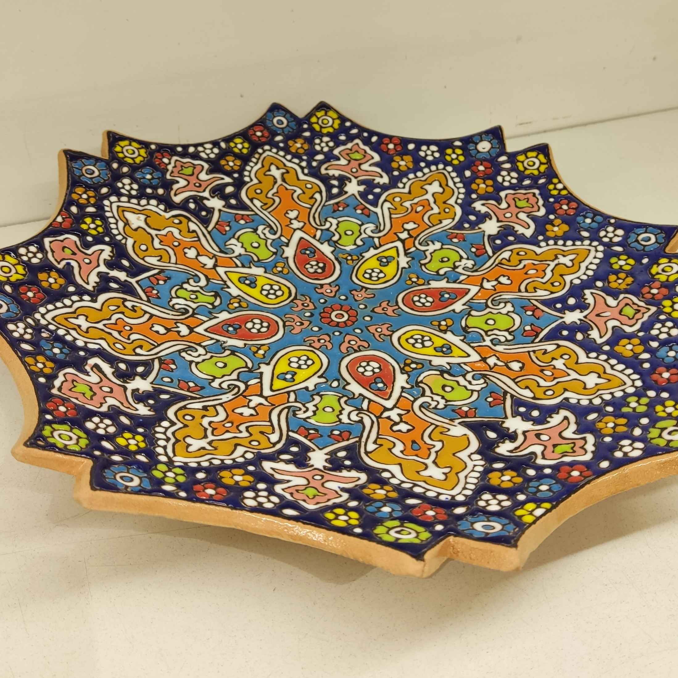 Decorative Pottery Wall Plate with Persian Minakari Enamel Handcrafted Hadish