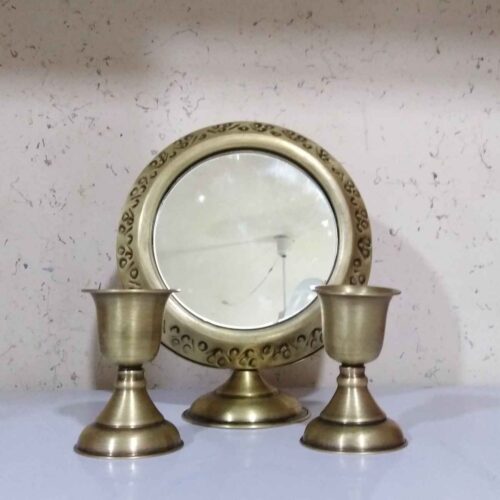 Elegant Persian Brass Mirror Frame Candlesticks Set