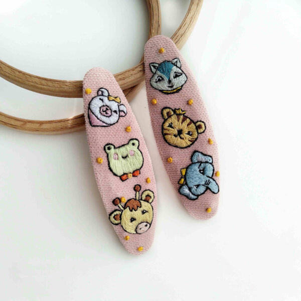 Embroidered Snap Hair Clip Set with Cute Animal Design Handwoven