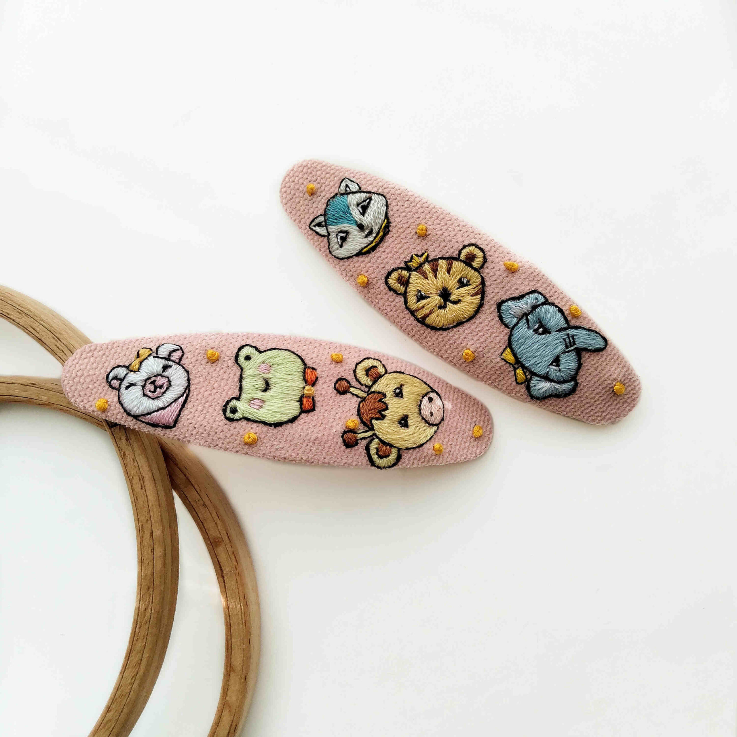 Embroidered Snap Hair Clip Set with Cute Animal Design Handwoven
