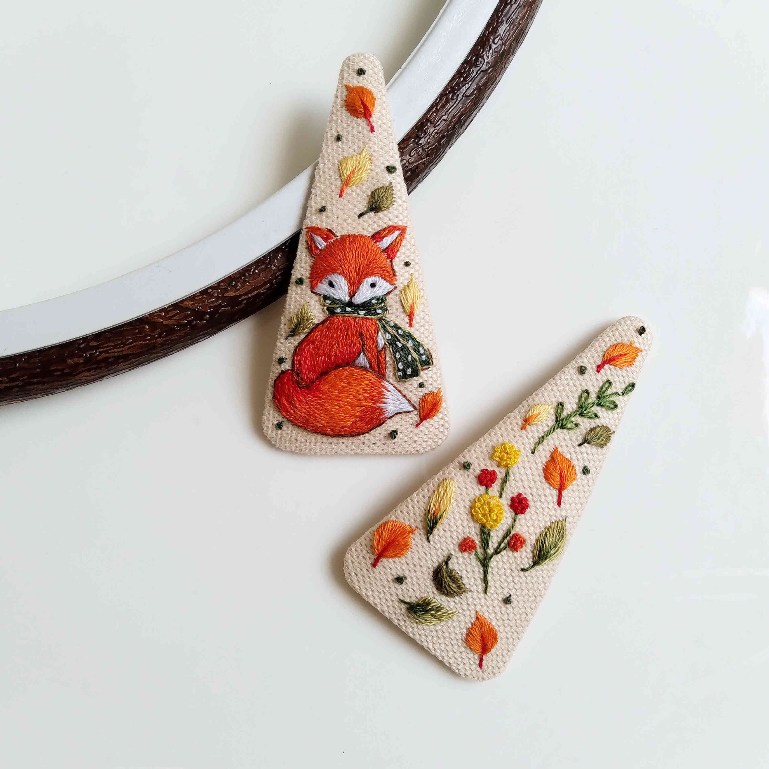 Embroidered Snap Hair Clip Set with Fox Design Handwoven