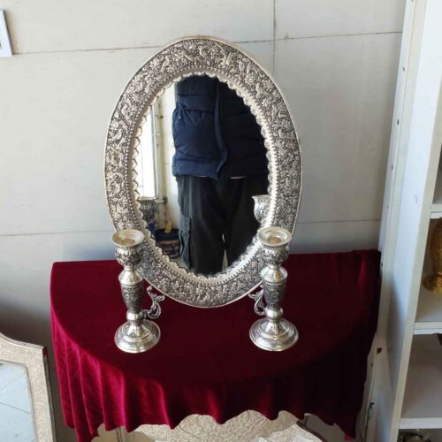 Engraved Persian Copper Mirror Frame Candlesticks Set