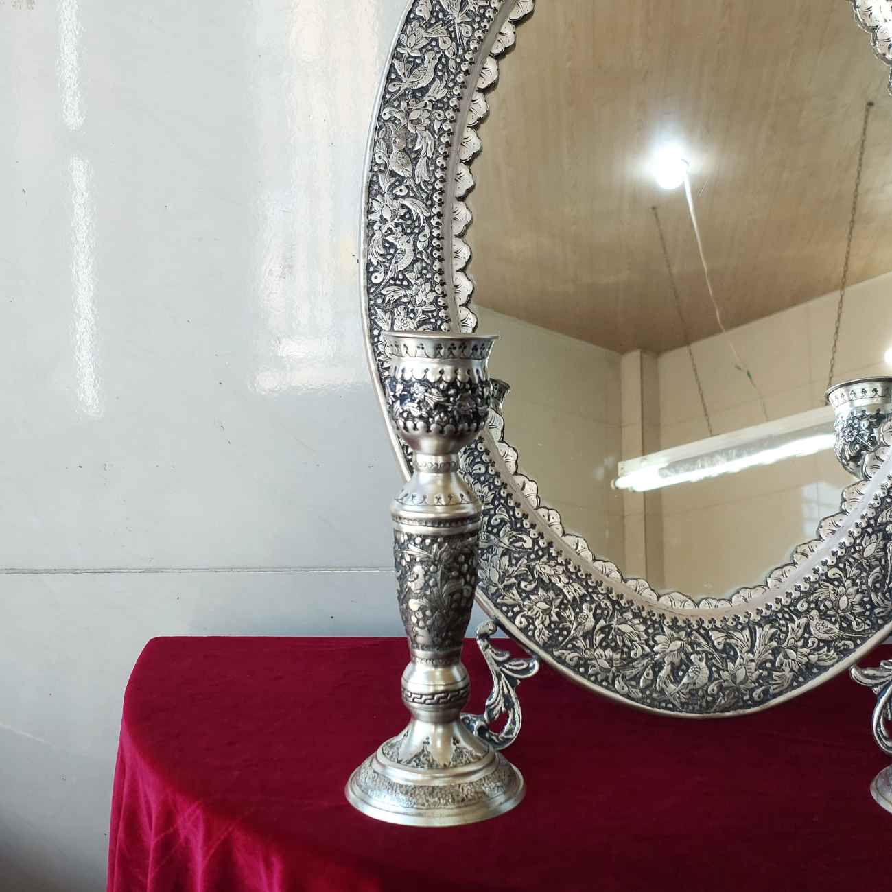 Engraved Persian Copper Mirror Frame Candlesticks Set