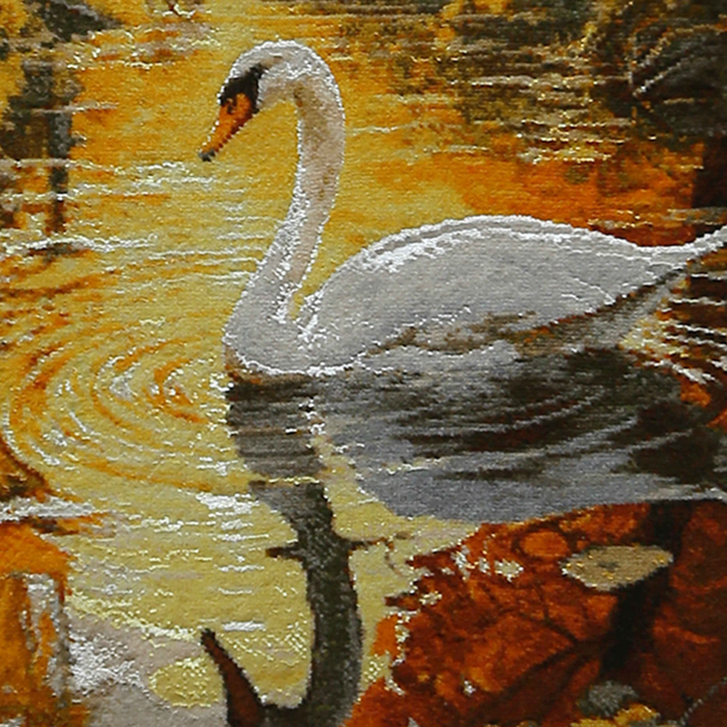 Hand-Knotted Persian Pictorial Rug a Swan in the Pond