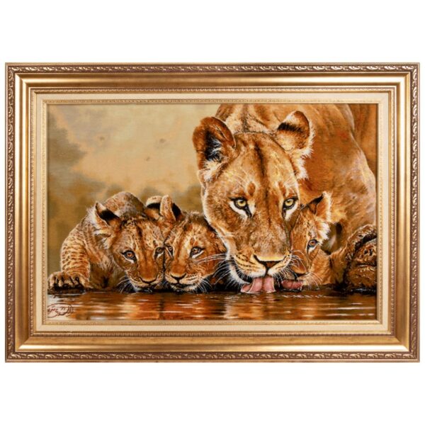 Hand-Knotted Persian Pictorial Rug from Tabriz Lion Family Drinking Water