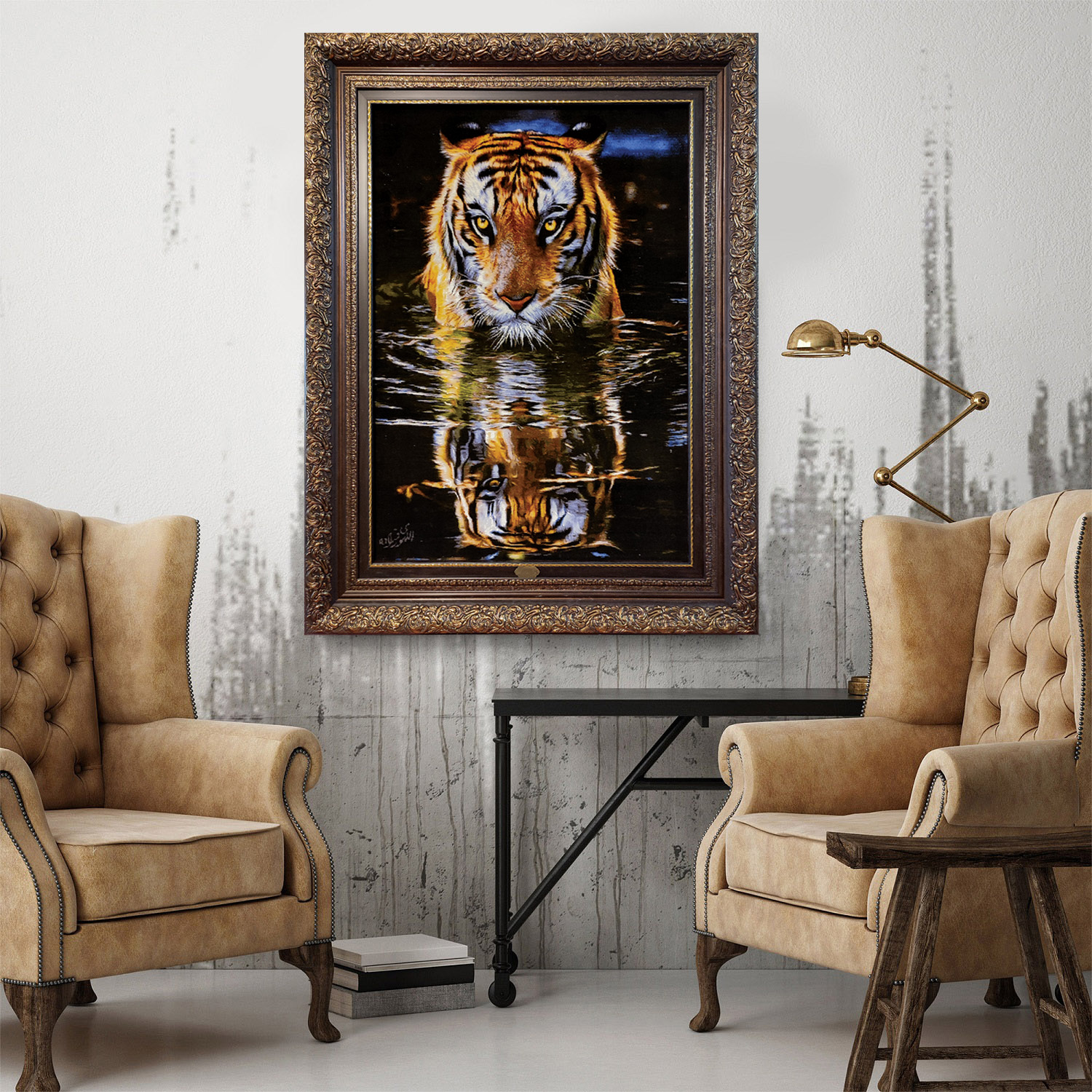 Hand-Knotted Persian Pictorial Rug from Tabriz Tiger