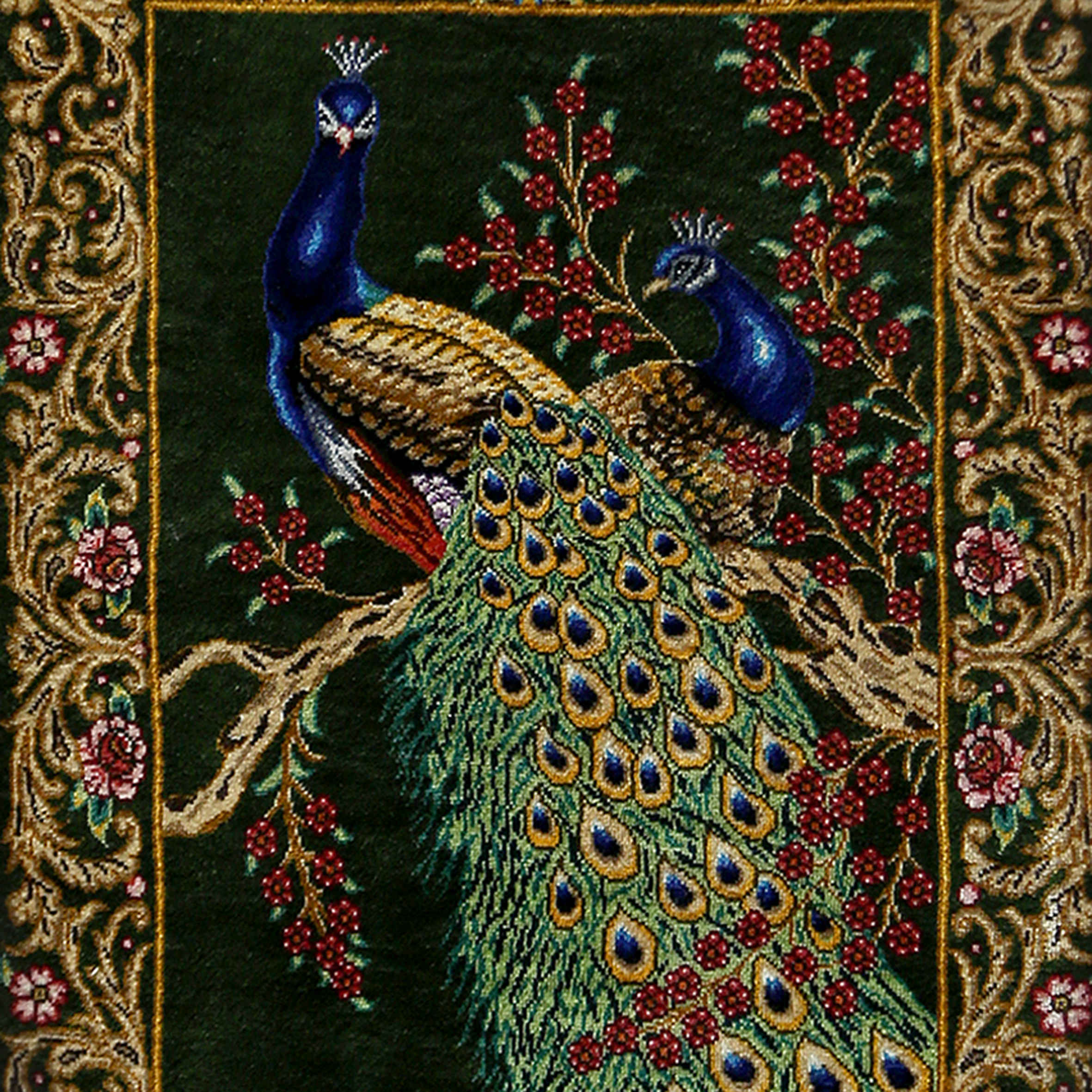 Hand-Knotted Persian Silk Pictorial Rug from Qom Peacock
