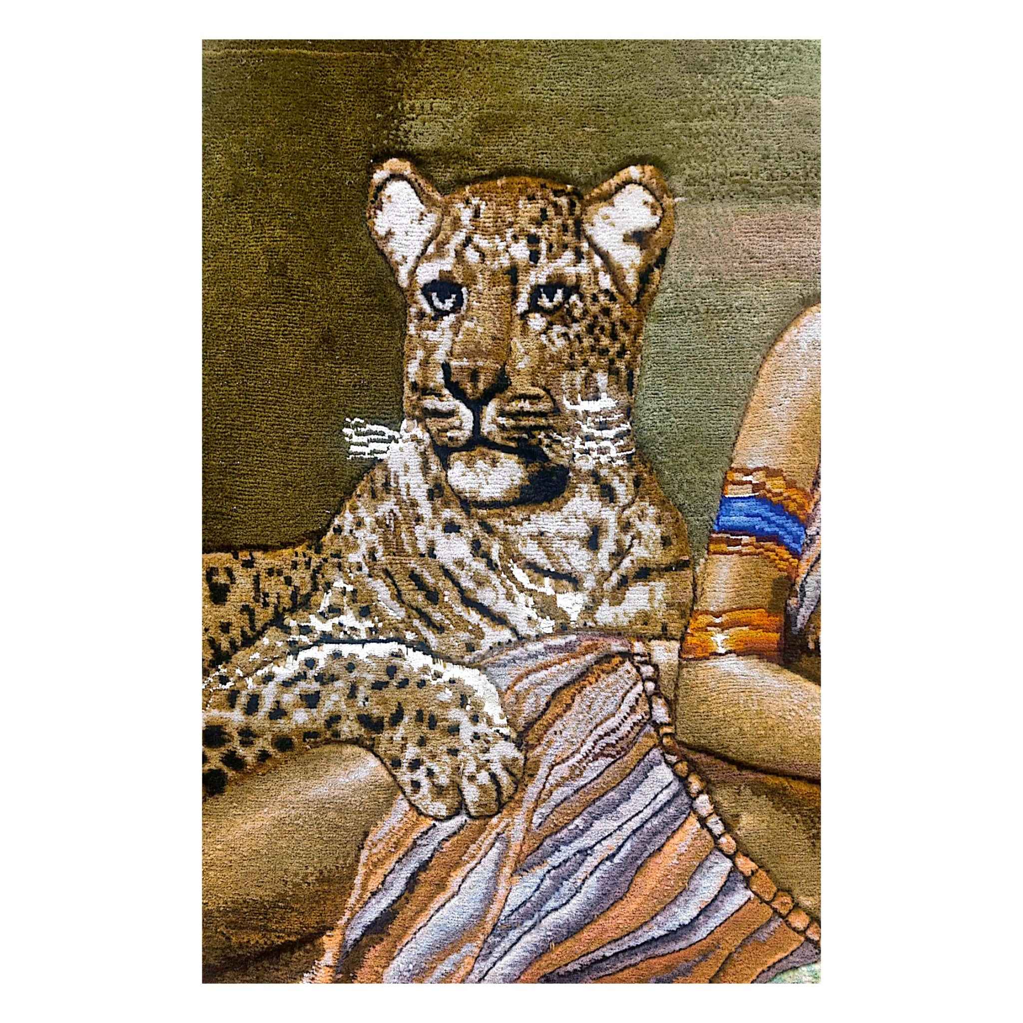 Hand-Knotted Persian Silk Pictorial Rug from Tabriz Egyptian Woman & Tiger