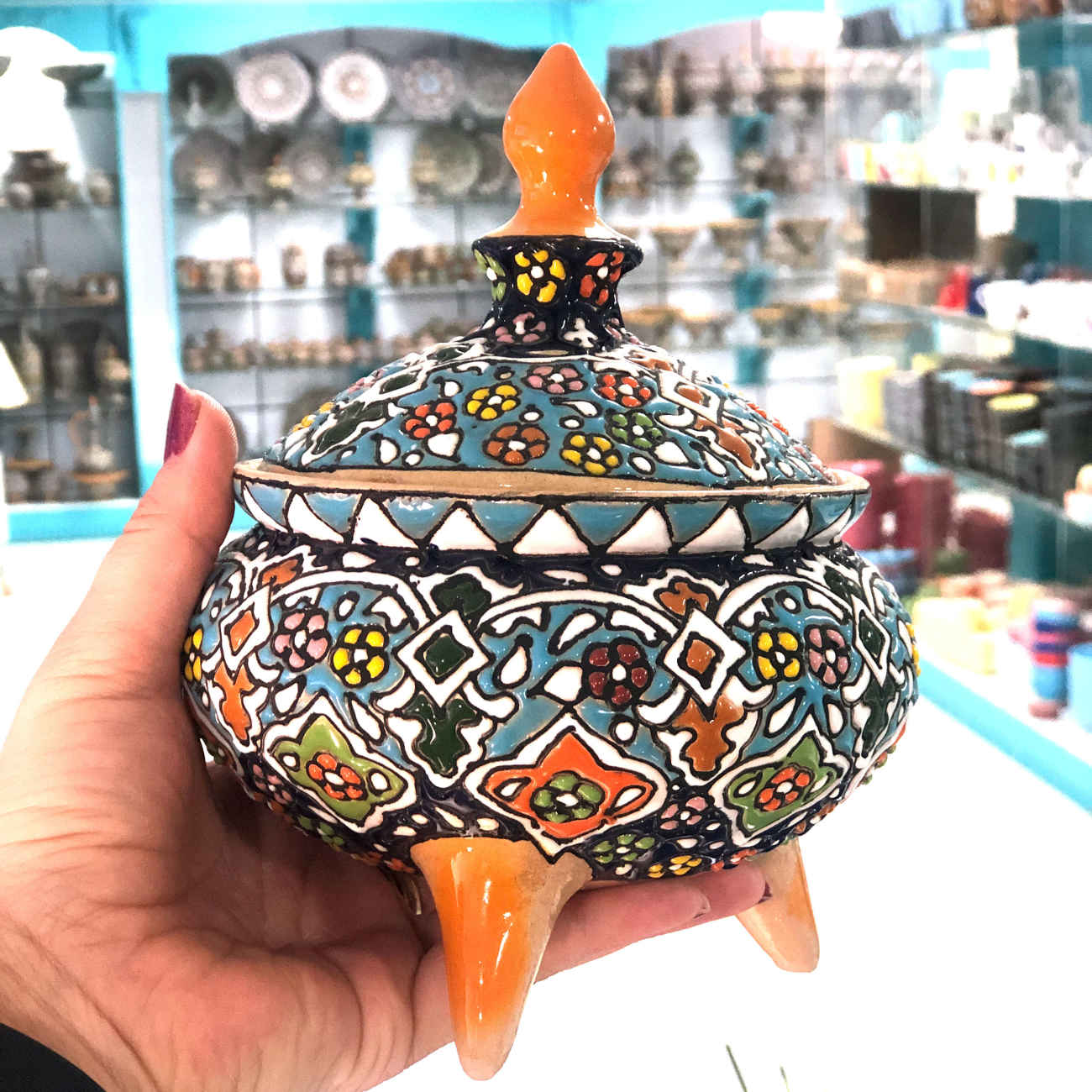 Handcrafted Persian Pottery Sugar Bowl Minakari Enameled