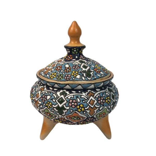 Handcrafted Persian Pottery Sugar Bowl Minakari Enameled
