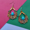 Handcrafted Wooden Earrings with Violet Flowers Model Turquoise