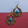 Handcrafted Wooden Earrings with Violet Flowers Model Turquoise