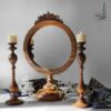 Handcrafted Wooden Mirror Frame with Matching Candlesticks Set