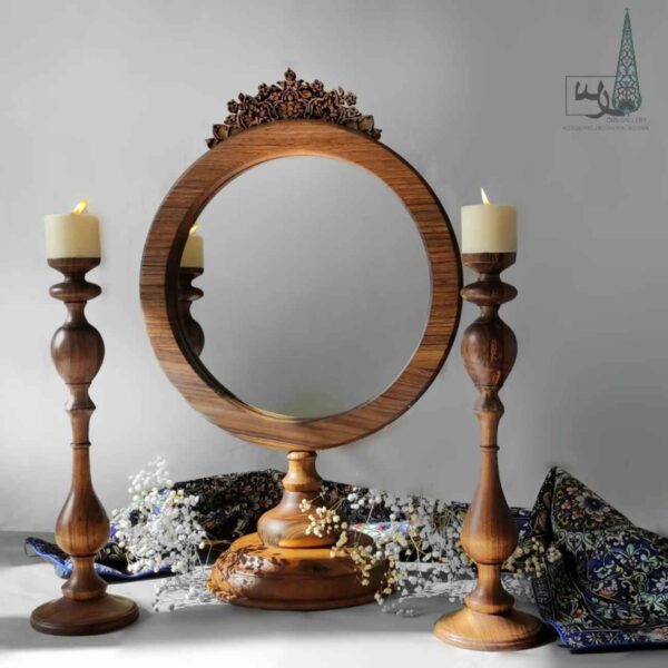 Handcrafted Wooden Mirror Frame with Matching Candlesticks Set