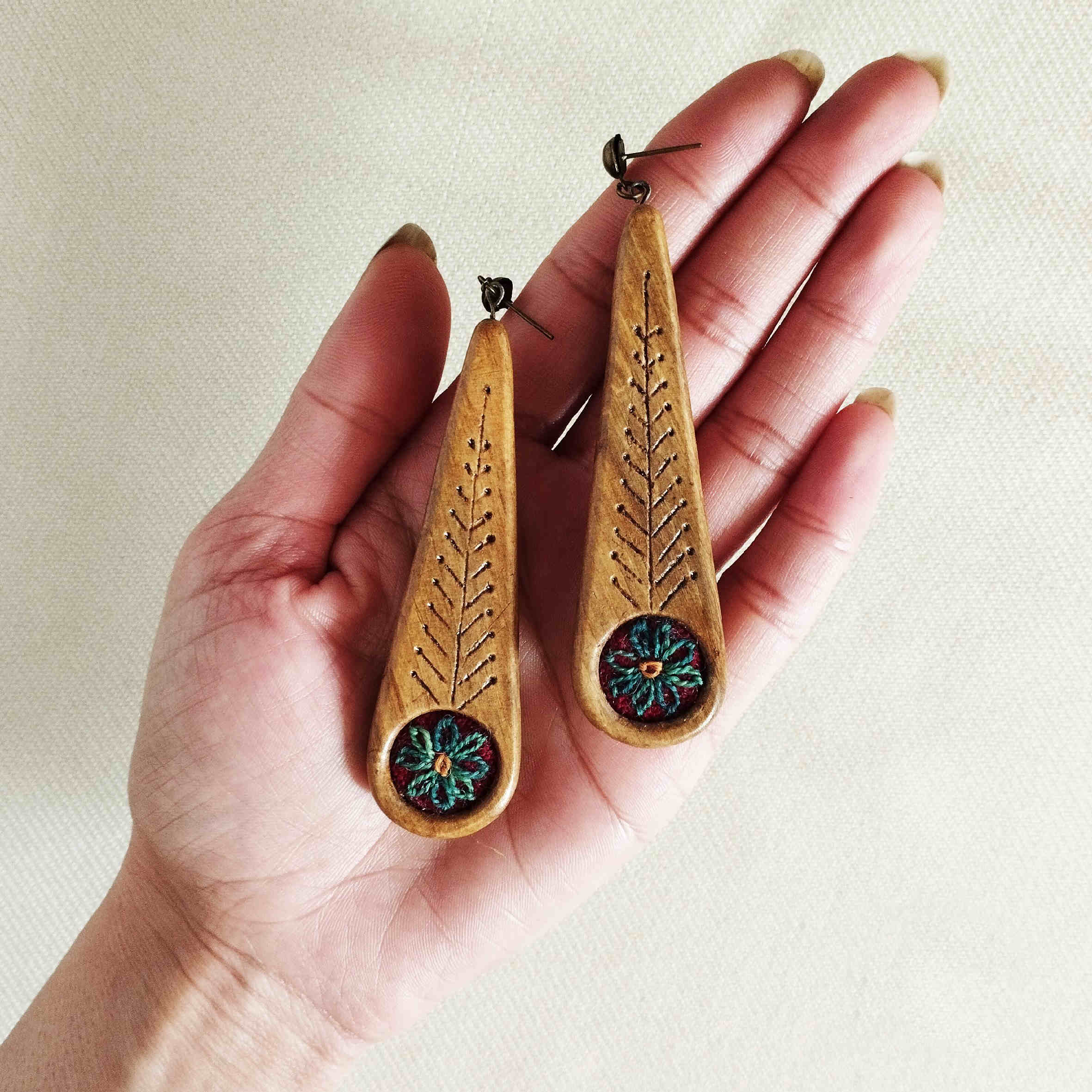 Handmade Women’s Wooden Earrings with Patteh Embroidery Design