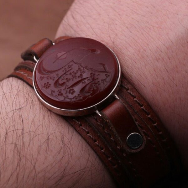 Islamic Leather Bracelet with Authentic Agate Stone In Silver Frame