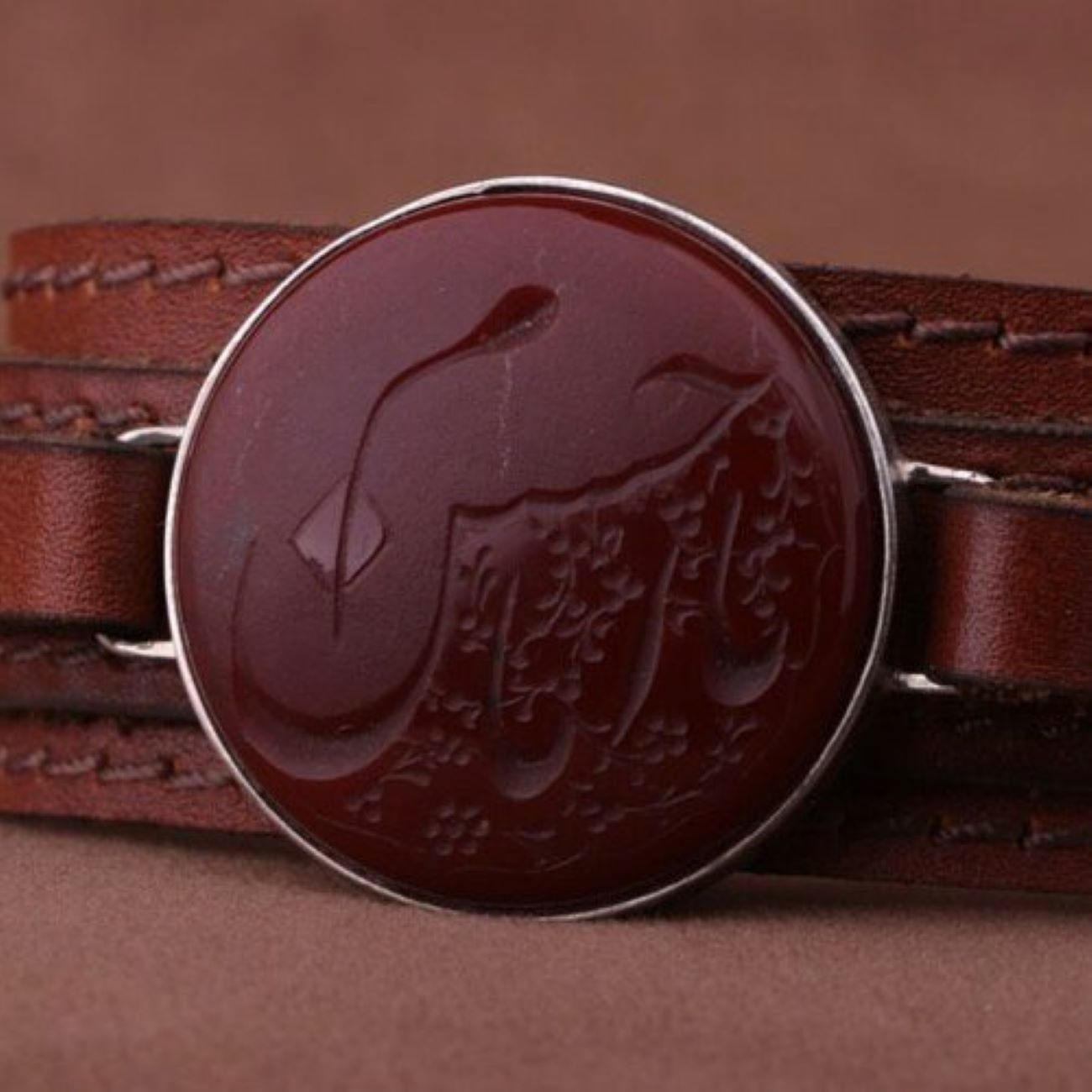 Islamic Leather Bracelet with Authentic Agate Stone In Silver Frame