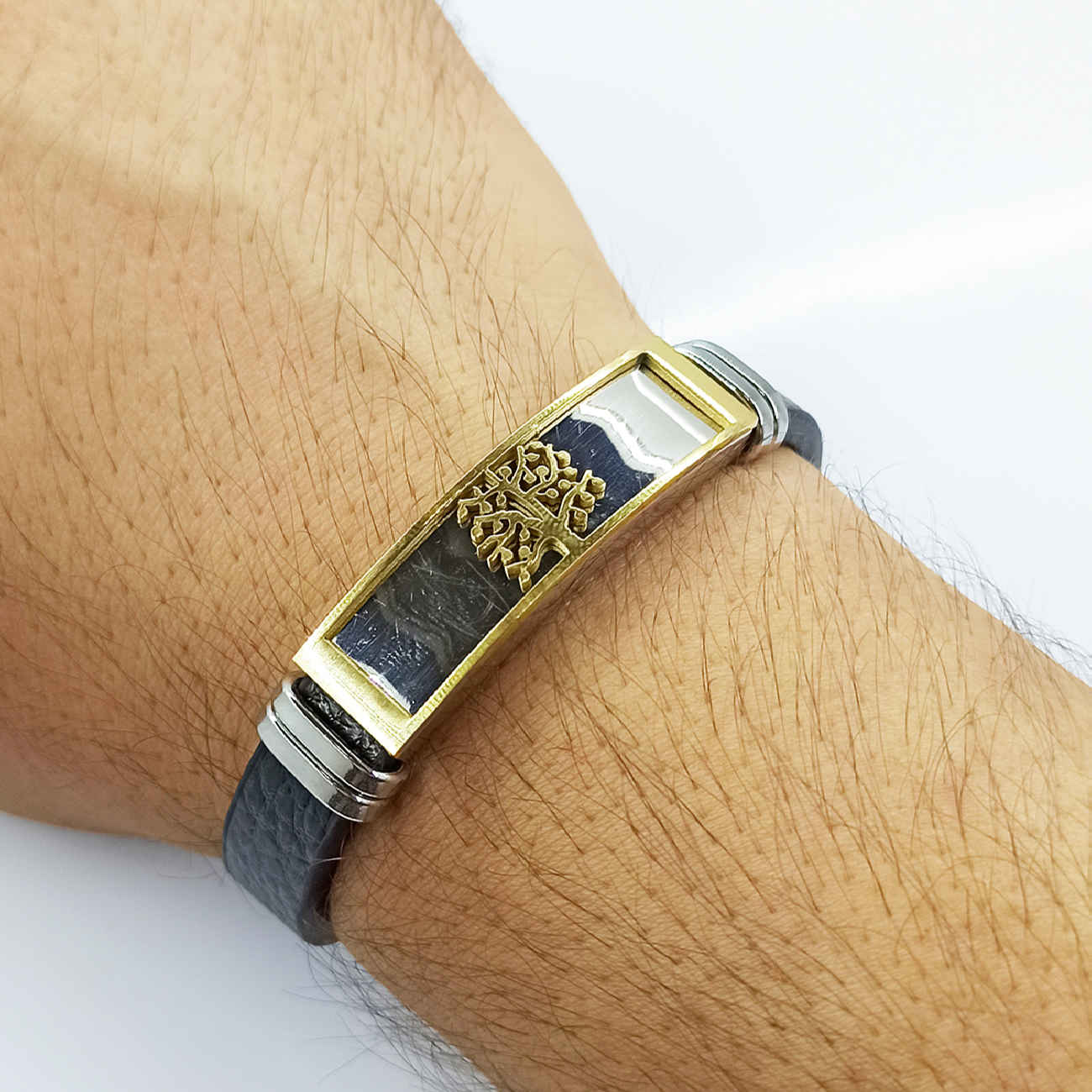 Leather Steel Bracelet in Tree Design Black