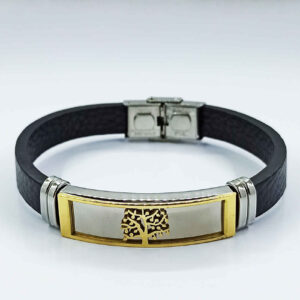 Leather Steel Bracelet in Tree Design Black