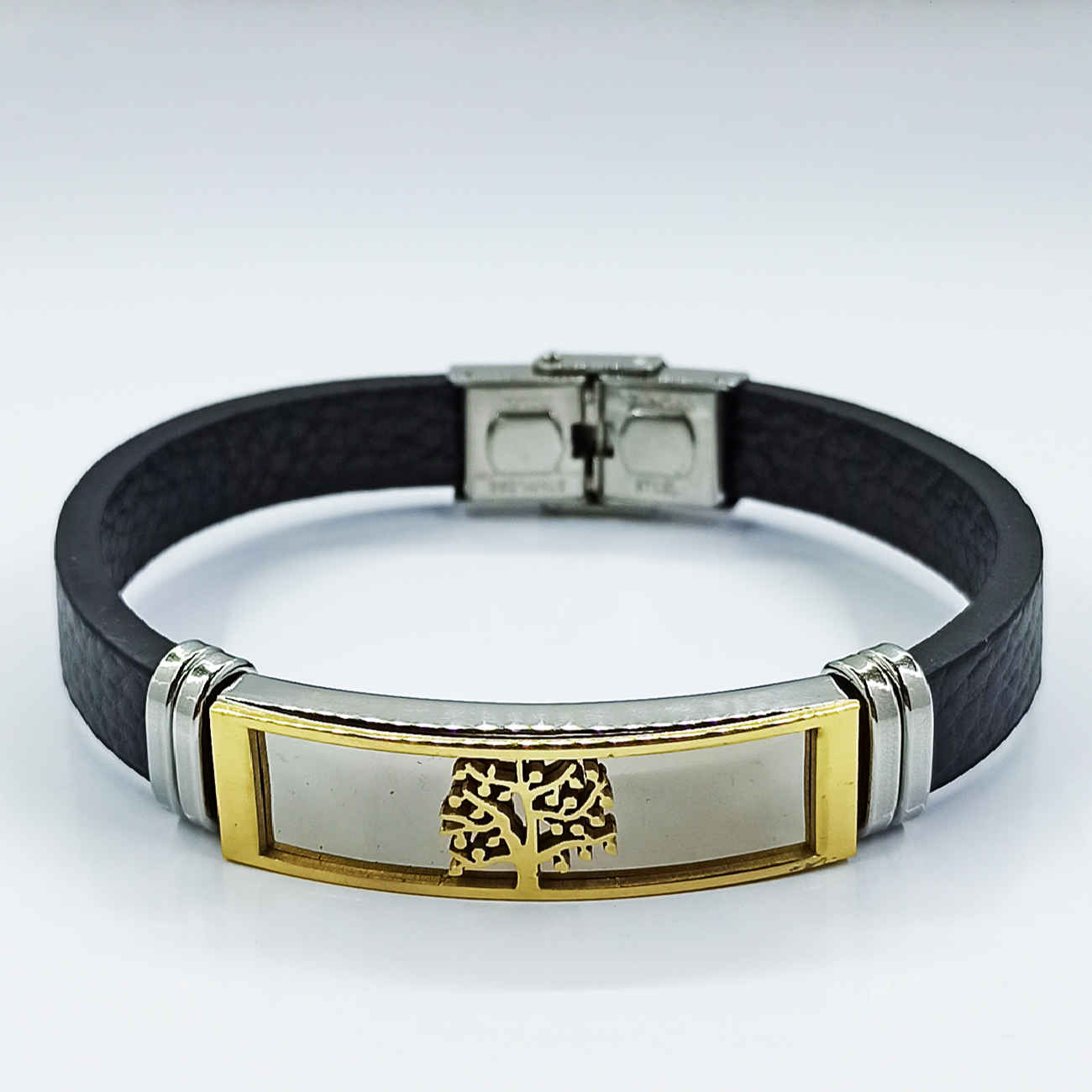 Leather Steel Bracelet in Tree Design Black