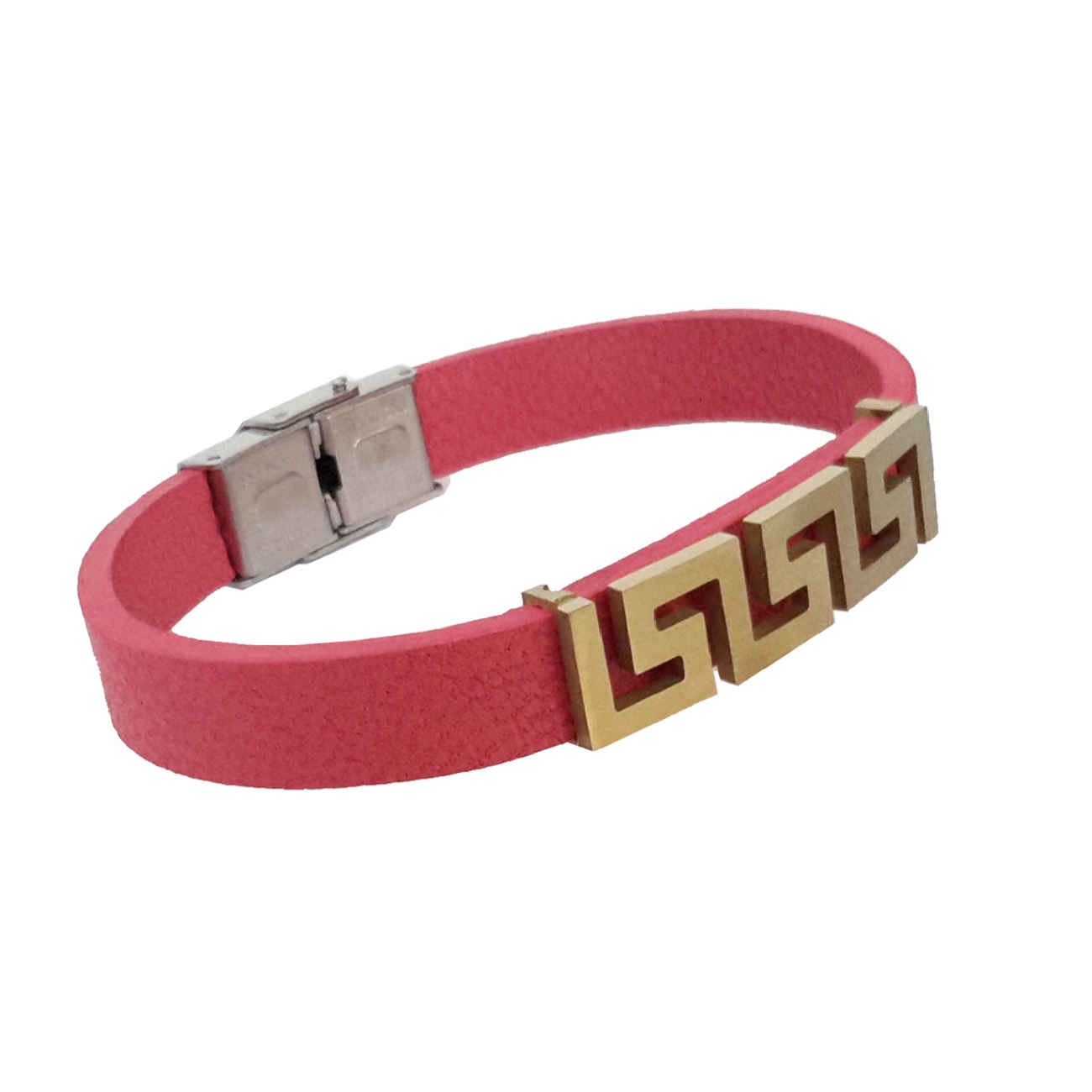 Leather Bracelet with Geometric Design in Pink