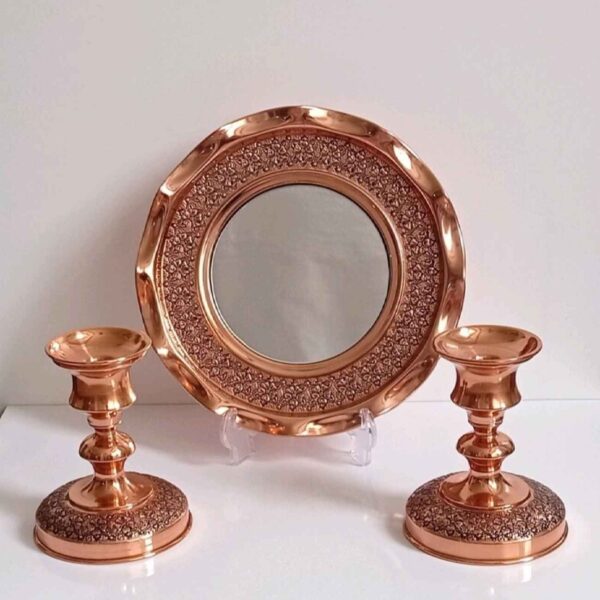 Luxury Persian Copper Mirror Frame and Candle Stand Set