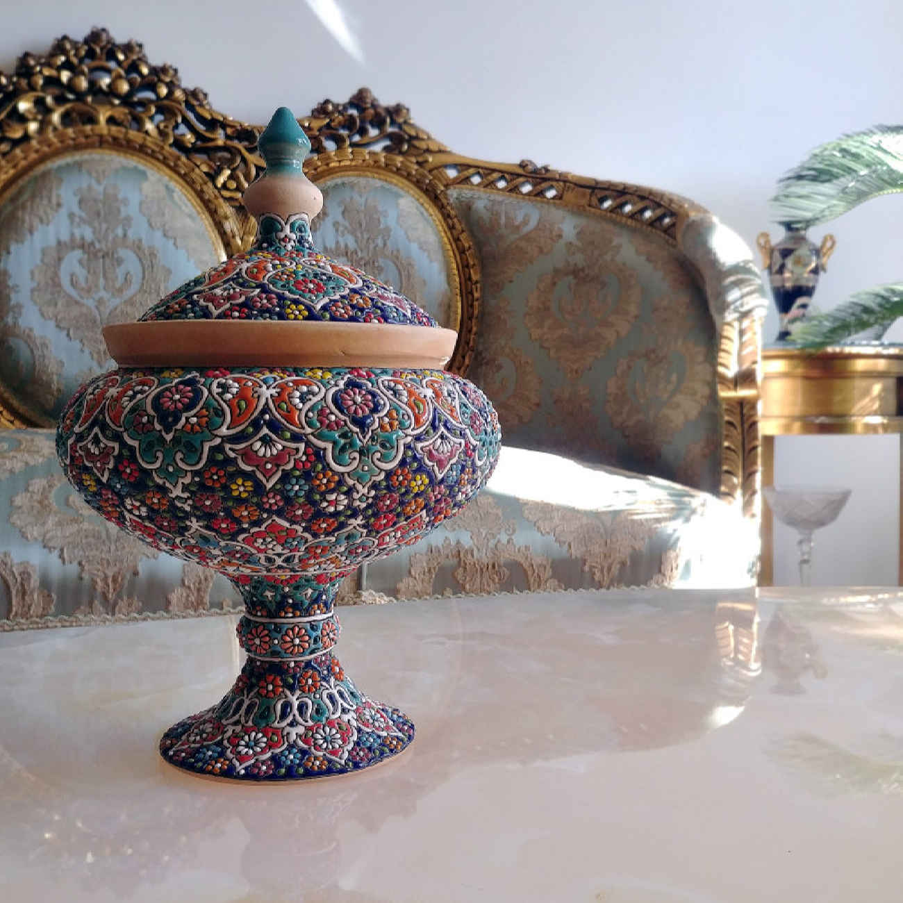 Persian Footed Sugar Bowl with Lid in Minakari Art