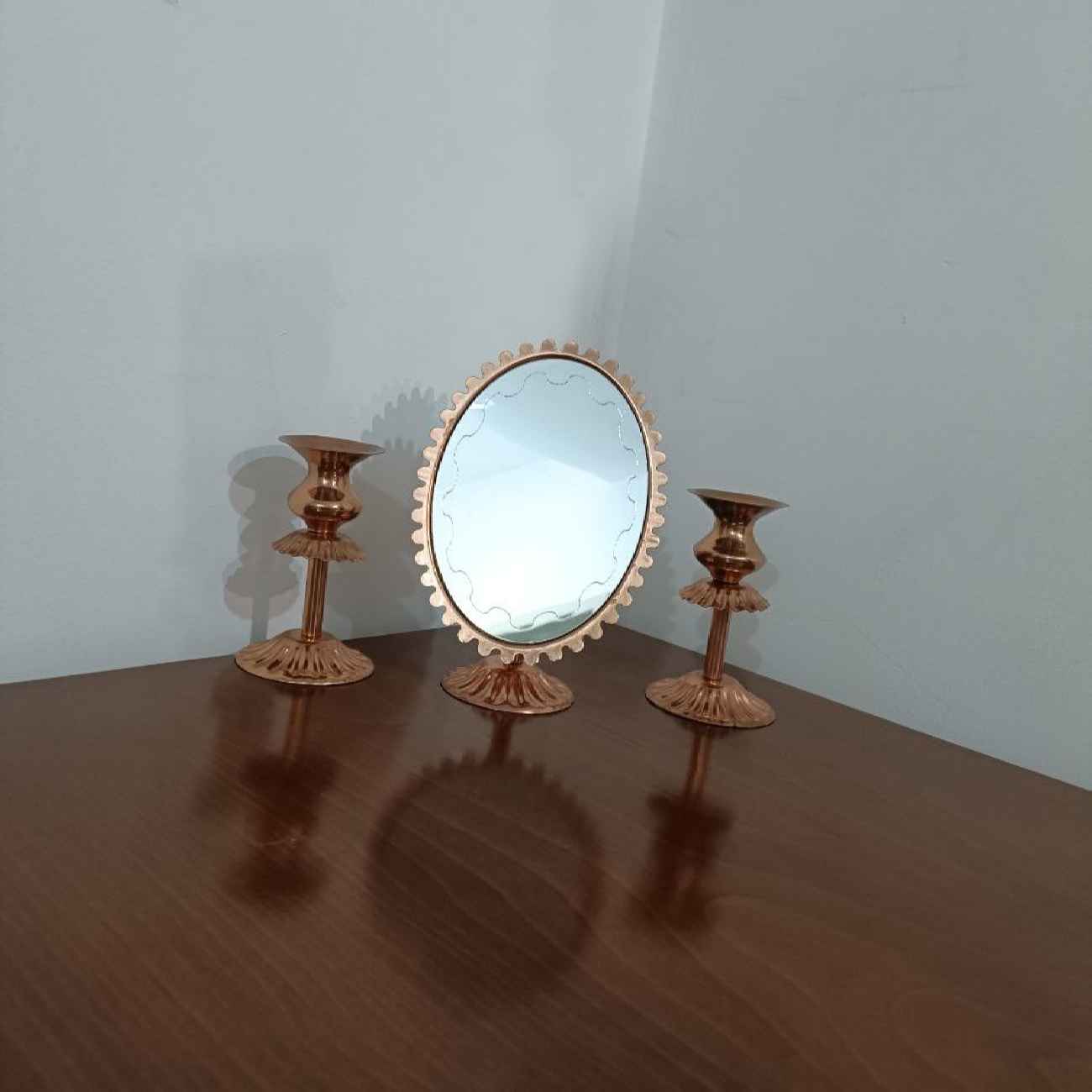 Persian Copper Mirror Frame Candlesticks Set