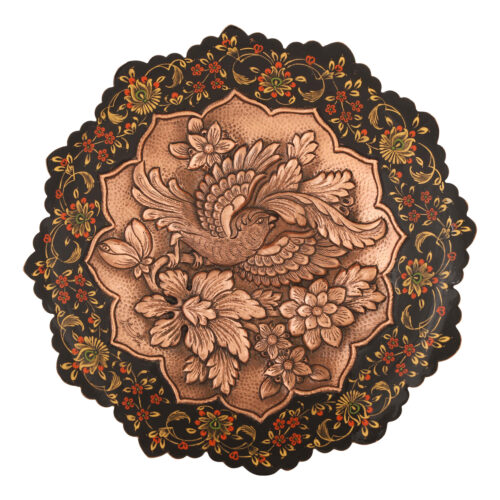 Persian Decorative Copper Engraved Plate Traditional in Birds & Flowers Design