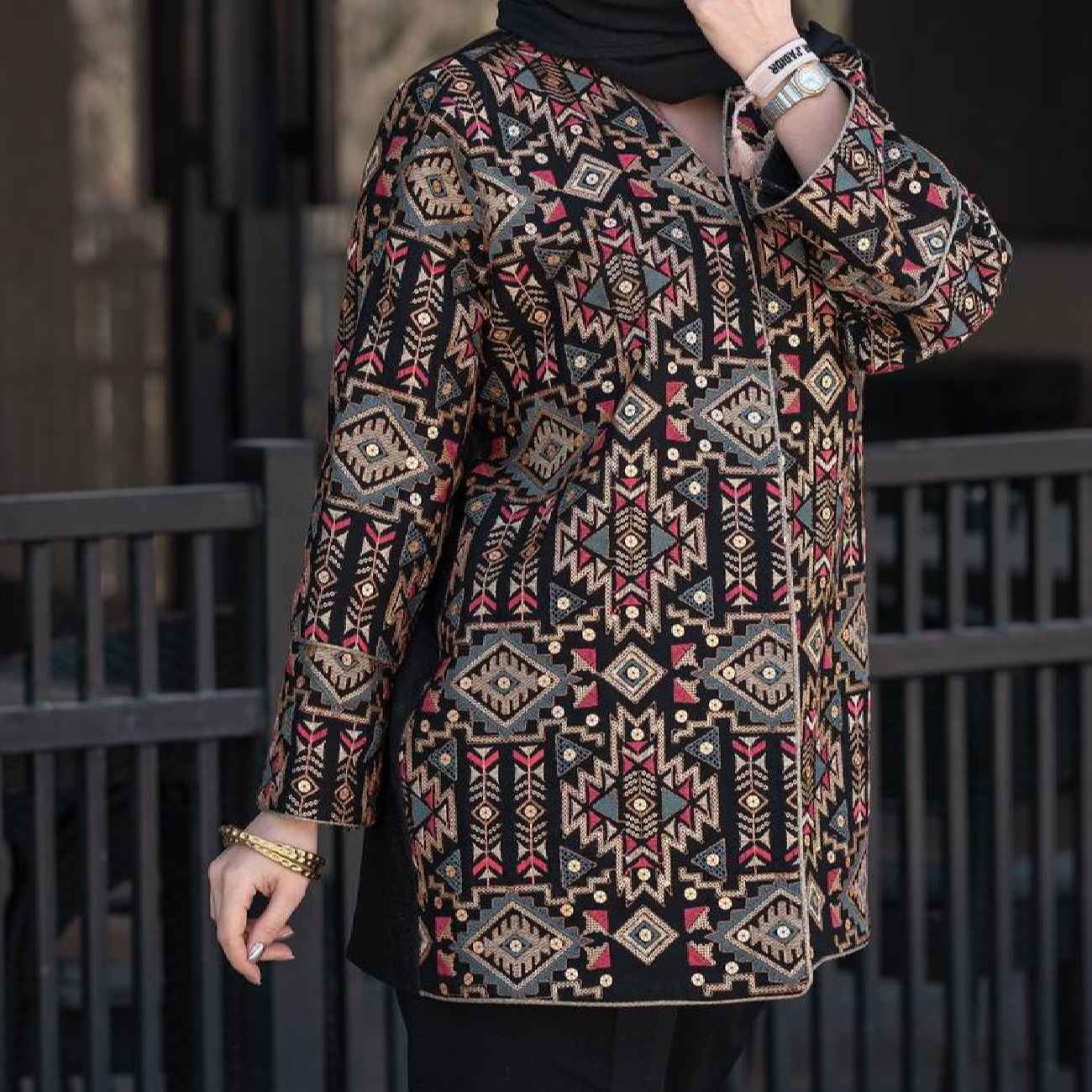Persian Embroidered Manto with Geometric Design for Women