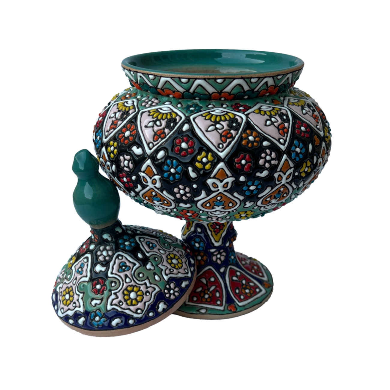 Persian Footed Sugar Bowl in Minakari Enameled with Lid