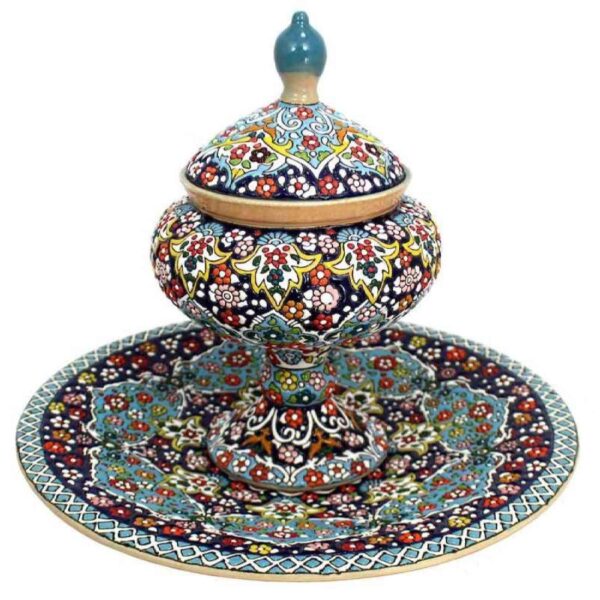 Persian Footed Sugar Bowl Minakari with Plate in Floral Design