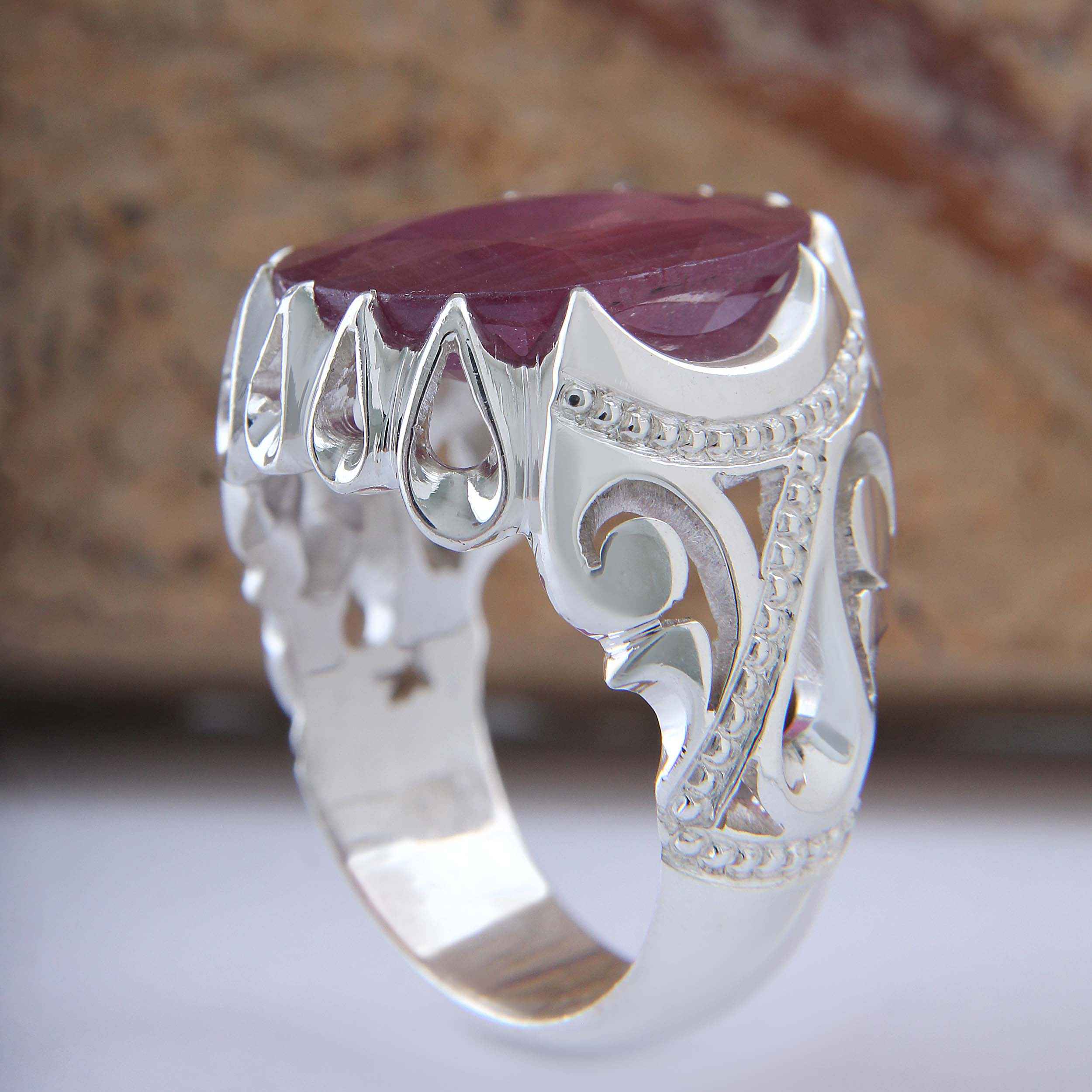 Persian Red Ruby Silver Ring Elegance for Men Handcrafted Model Square