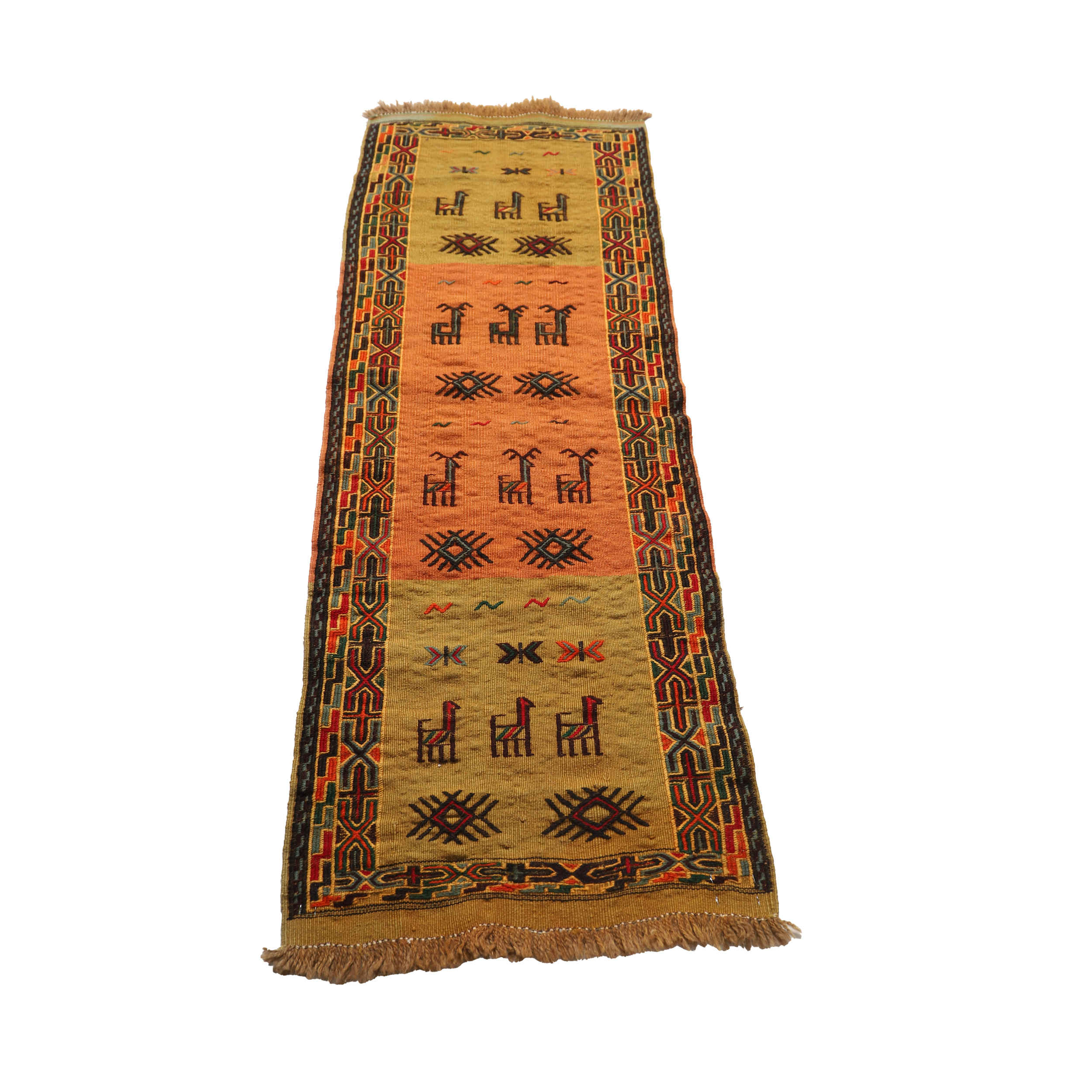 Persian Wool Kilim Runner Rug – Genuine Handwoven in Khorasan with Animal Motifs